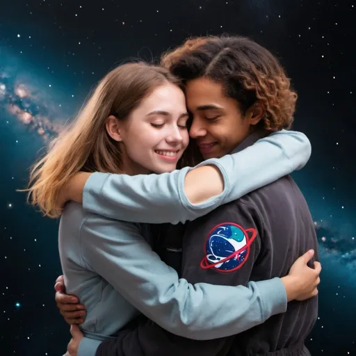 Prompt: Photo of two girlfriends and boyfriends who are lovingly hugging each other in space