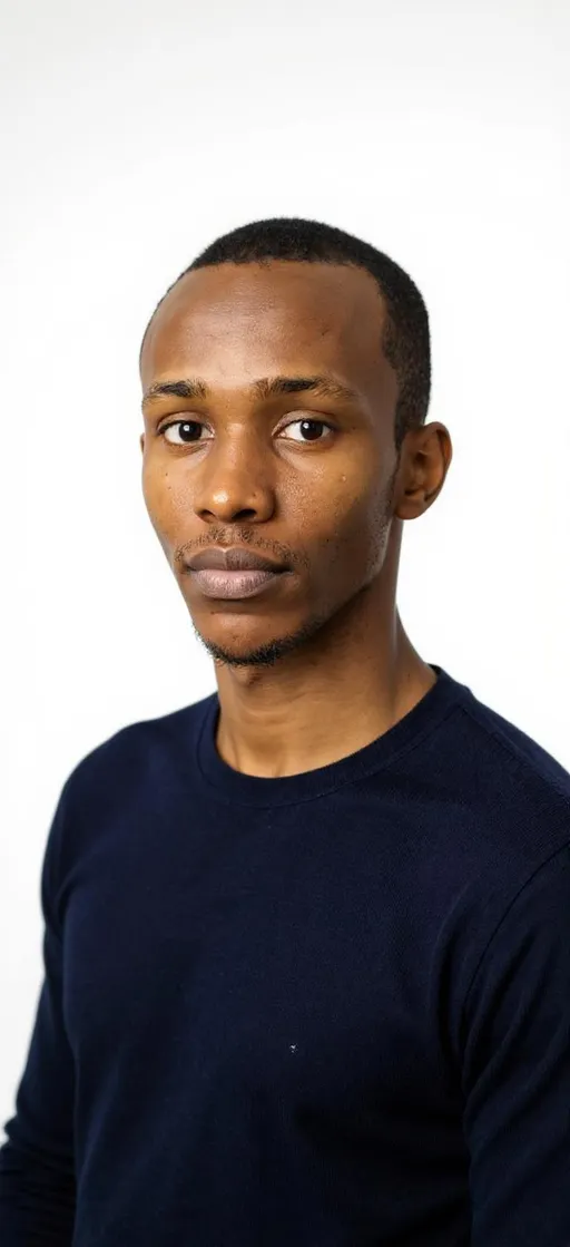 Prompt: make it this picture like have been took high digital camera at potrait studio with white background and blue navy shirt color make the hair low  fade haircut 