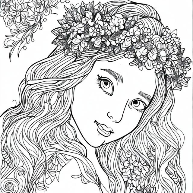 BEAUTIFUL Girl with flowers crown coloring page | OpenArt