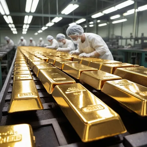 Prompt: Creating gold from ch34 chemical  using mecury  into mass level  gold production  factory assembly line up set in image for this  activity then create  gold bars and gold jewellery