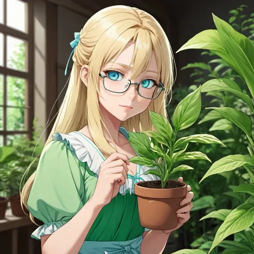 Prompt: anime, blonde-haired girl with blue eyes, glasses, wearing green dress, holds a green plant