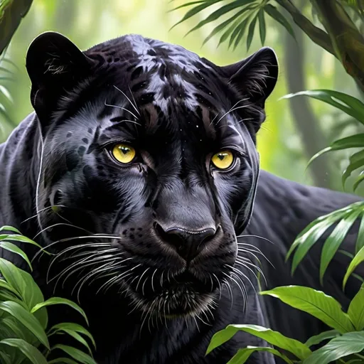 Prompt: Majestic black panther in a jungle setting, realistic digital painting, piercing yellow eyes, sleek black fur with subtle hints of purple, lush green foliage in the background, intense and focused gaze, high-detailed, hyper-realistic, digital painting, jungle, fierce, detailed fur, realistic, intense eyes, vibrant green, atmospheric lighting