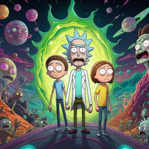 Prompt: Detailed digital illustration of Rick and Morty, vibrant and surreal color palette, sci-fi cartoon style, intricate background with parallel universes, exaggerated facial expressions, high-quality rendering, dynamic and whimsical composition, surreal elements, intense lighting and contrasting shadows, 4k, vibrant colors, sci-fi cartoon, surreal, exaggerated expressions, intricate background, dynamic composition, high-quality rendering, intense lighting