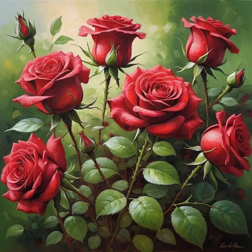 Prompt: Long stem red roses, oil painting, romantic atmosphere, high quality, impressionist, deep red tones, soft natural lighting, detailed petals, lush green foliage, classic elegance