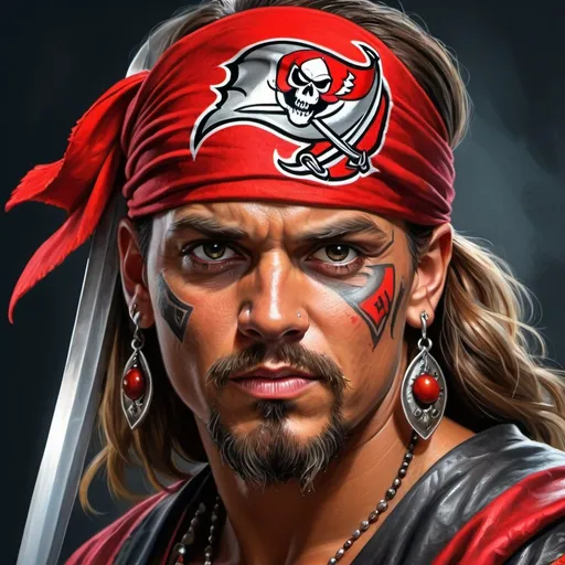 Prompt: High-definition digital painting of the Tampa Bay Buccaneers logo, vibrant red and pewter color scheme, dynamic and powerful pose, intricate detailing on the pirate's facial features and costume, realistic metallic sheen on the sword and earring, fierce expression with intense gaze, dramatic lighting and shadows, professional, high quality, ultra-detailed, digital painting, vibrant colors, dynamic pose, realistic detailing, fierce expression, dramatic lighting