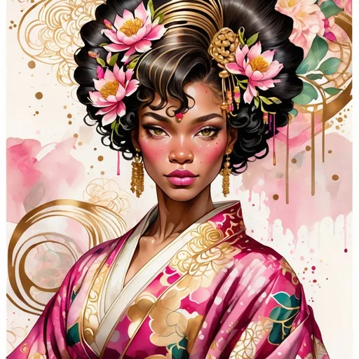 Prompt: Digital watercolor painting of an African American woman in an intricate kimono, bold brush strokes, art nouveau, paint splatter, pink and gold, detailed features, flowing fabric, high quality, elegant, vibrant colors, art nouveau style, intricate patterns, beautiful portrait, feminine, digital watercolor, detailed composition