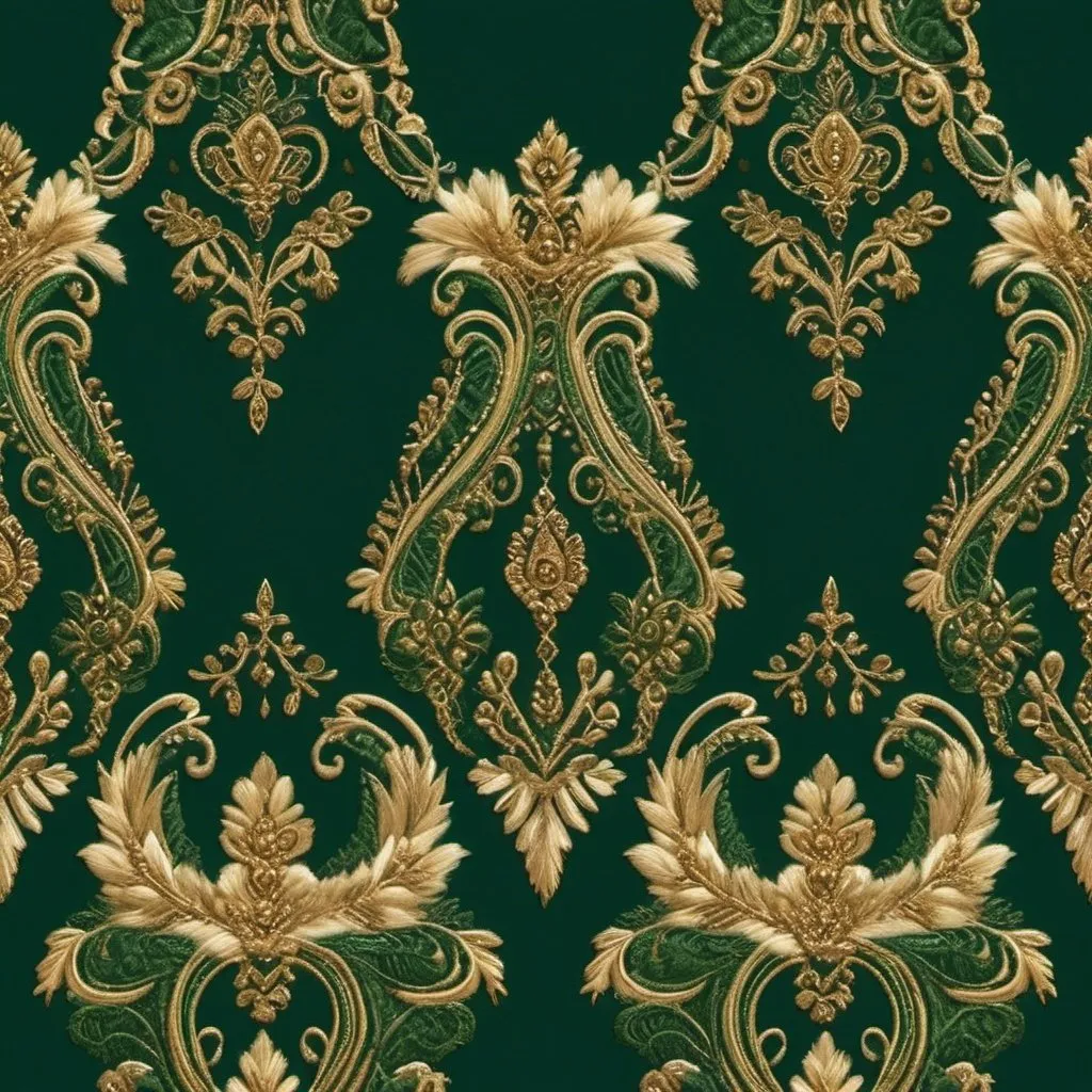 Prompt: Hunter Green ladies designs with gold embellishments, luxurious fabric with intricate details, high quality, elegant and sophisticated, fashion illustration, rich color contrast, detailed embroidery, regal and majestic, opulent, gold accents, ornate patterns, professional, fine art, exquisite craftsmanship, elegant lighting