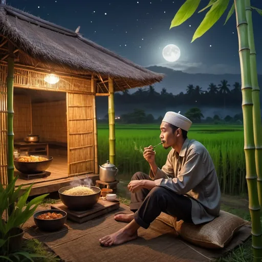 Prompt: (Indonesian Muslim man, 25, sitting in front of a bamboo house), fried foods and coffee in front of him, the man is smoking, beautiful (rice fields) in the background, nighttime atmosphere, countryside setting, ultra-detailed, 8K, photorealistic, high quality, soft moonlight casting gentle shadows, serene and peaceful mood, vibrant color tones, starry sky adding depth, traditional rural theme, rich textures and fine details