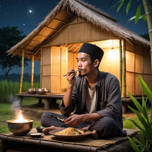 Prompt: (Indonesian Muslim man, 25, sitting in front of a bamboo house), fried foods and coffee in front of him, the man is smoking, beautiful (rice fields) in the background, nighttime atmosphere, countryside setting, ultra-detailed, 8K, photorealistic, high quality, soft moonlight casting gentle shadows, serene and peaceful mood, vibrant color tones, starry sky adding depth, traditional rural theme, rich textures and fine details