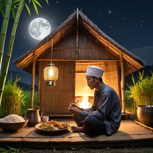 Prompt: (Indonesian Muslim man, 25, sitting in front of a bamboo house), fried foods and coffee in front of him, the man is smoking, beautiful (rice fields) in the background, nighttime atmosphere, countryside setting, ultra-detailed, 8K, photorealistic, high quality, soft moonlight casting gentle shadows, serene and peaceful mood, vibrant color tones, starry sky adding depth, traditional rural theme, rich textures and fine details