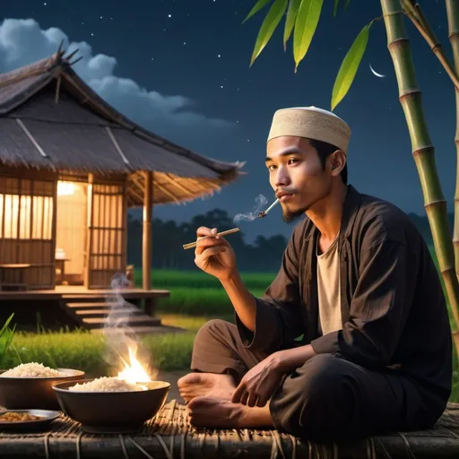 Prompt: (Indonesian Muslim man, 25, sitting in front of a bamboo house), fried foods and coffee in front of him, the man is smoking, beautiful (rice fields) in the background, nighttime atmosphere, countryside setting, ultra-detailed, 8K, photorealistic, high quality, soft moonlight casting gentle shadows, serene and peaceful mood, vibrant color tones, starry sky adding depth, traditional rural theme, rich textures and fine details