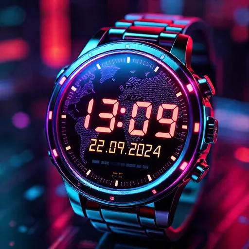 Prompt: (digital LCD watch), showing (current time 13:35) and (date 22.09.2024), vibrant colors, (high detail), sleek and modern design, world map, cool tone lighting, futuristic technology vibe, ultra-detailed, clear display, with stylish graphics, emphasizing digital elegance and functionality, showcasing a blend of utility and modern aesthetics.