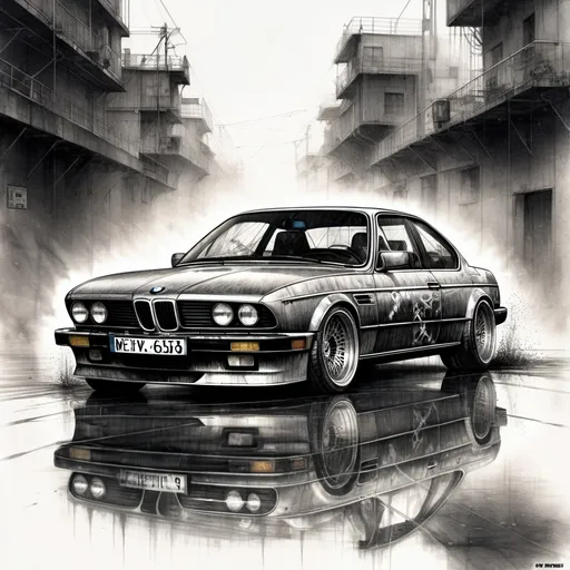 Prompt: bmw 635 csi, drifting, very dirty, cyberpunk, pencil art