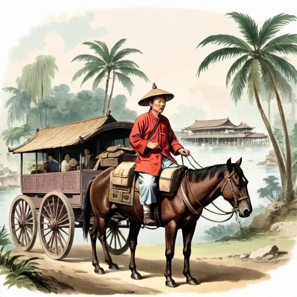 Prompt: in clipart ancient Chinese traveller travelling in 19th century colonial singapore