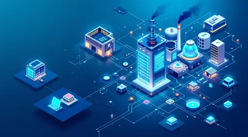 Prompt: "Create a wide, cinematic digital illustration  isometric digital factory floor and interconnected office network on the right. smart factory with automated workflows, and connected office hubs symbolising data flow and efficiency. the title text "Business Process Management" should be demonstrated on the image The colour palette should use tech blues.