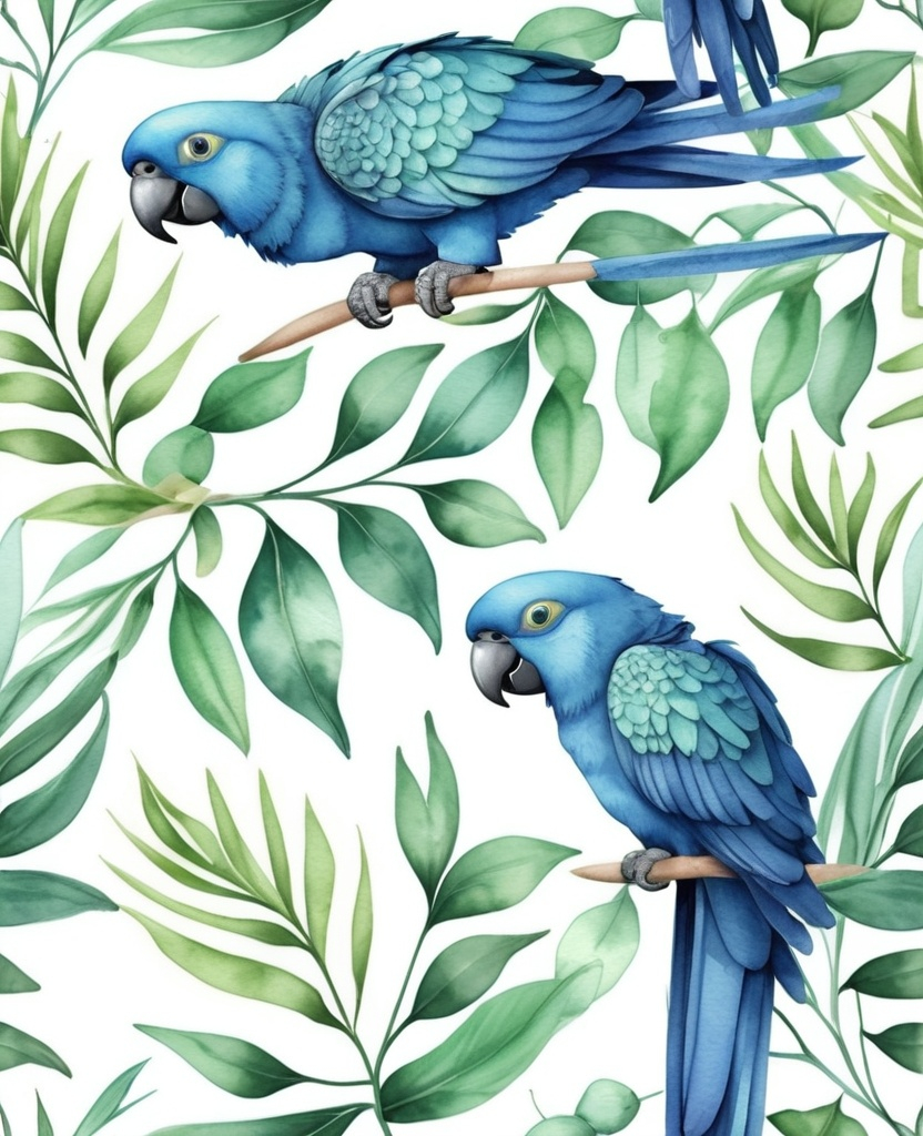 Prompt: Watercolor illustration pattern  with blue parrots and green leaves.