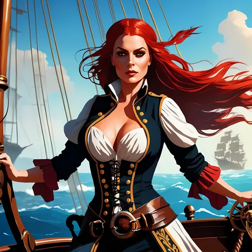 Prompt: A fierce beautiful female pirate captain with perfect big bobs stands at the helm of her ship, her long red hair whipping in the wind as she leads her crew on a daring adventure across the high seas.

