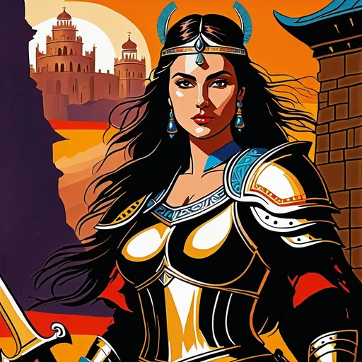 Prompt: A gorgeously fierce Bulgarian princess, possessing flawless curves and adorned in ancient Bulgarian armor, stands in a powerful battle pose, wielding a Great Axe. This image is a vibrant and detailed painting that captures the princess's sheer strength and regal beauty. Her armor gleams with intricate engravings and her fiery eyes convey determination. The intricate details and exquisite colors bring this majestic scene to life, drawing viewers into a world of epic heroism and beauty.