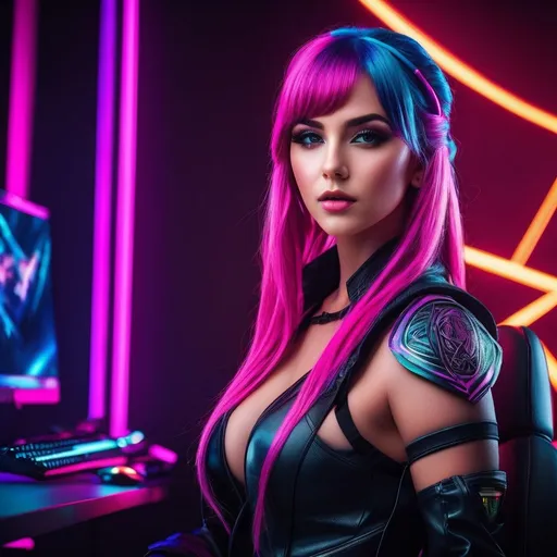 Prompt: amazingly detailed, masterpiece, ultra hd, full shot, dynamic angle, beautiful girl, computer gamer, gaming computer, gaming chair, playing Ark , neon bedroom, streamer setup, (korean:0. 3, european:, celtic:0. 4), cyberpunk theme, wild long hair, Wavy Cut with Curtain Bangs, bubblegum pink hair, high detail hair, smokey eye shadow, high detail skin, high detail eyes, seductve eyes, smokey makeup, Curvy body, toned body, perfect face, slim athletic body, (Big bobs), (cold attitude, eyeshadow, eyeliner), vibrant colors, beautiful, dramatic lighting, shallow depth of field, Ultra-realistic, focused shot, (epic composition, epic proportion), HD.