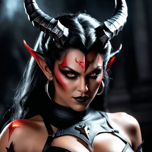 Prompt: "Create a photorealistic image of a striking and terrifying female demon with a perfect body and face. Pay meticulous attention to the details of her demonic features, including horns, sharp fangs, and fiery eyes. Portray her with a high level of detail and realism, emphasizing her terrifying beauty and the ominous aura that surrounds her."