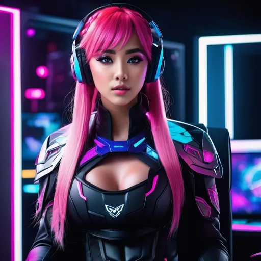 Prompt: amazingly detailed, masterpiece, ultra hd, full shot, dynamic angle, beautiful girl, computer gamer, gaming computer, gaming chair, playing Ark , neon bedroom, streamer setup, (korean:0. 3, european:, celtic:0. 4), cyberpunk theme, wild long hair, Wavy Cut with Curtain Bangs, bubblegum pink hair, high detail hair, smokey eye shadow, high detail skin, high detail eyes, seductve eyes, smokey makeup, Curvi body, toned body, perfect face, slim athletic body, (Big bobs), (cold attitude, eyeshadow, eyeliner), vibrant colors, beautiful, dramatic lighting, shallow depth of field, Ultra-realistic, focused shot, (epic composition, epic proportion), HD.