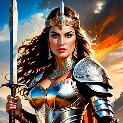 Prompt: A gorgeously fierce Bulgarian princess, possessing flawless curves and adorned in ancient Bulgarian armor, stands in a powerful battle pose, wielding a Great Axe. This image is a vibrant and detailed painting that captures the princess's sheer strength and regal beauty. Her armor gleams with intricate engravings and her fiery eyes convey determination. The intricate details and exquisite colors bring this majestic scene to life, drawing viewers into a world of epic heroism and beauty.