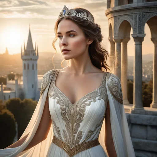 Prompt: "Photorealistic Image, An image capturing a gentle and delicate princess with perfect body and bobs from Gondor, dressed in an elegant, flowing gown that whispers tales of ancient nobility. She stands before the iconic backdrop of the White City from the Lord of the Rings, its intricate architecture casting an impressive silhouette against the sky. Her expression is serene, her eyes reflecting the storied history of her land. The scene is bathed in the soft light of early morning, highlighting the delicate features of her face and the ornate details of her dress. Type of Image: Digital Photography Style, Art Inspirations: The elegant and serene portrayals of nobility in epic fantasy settings. Camera: EE 70mm, Shot: Medium shot, emphasizing her poised stance with the sprawling cityscape behind her, Render Related Information: 8K resolution, utilizing HDR lighting to capture the intricate contrasts between shadow and light in the early morning."