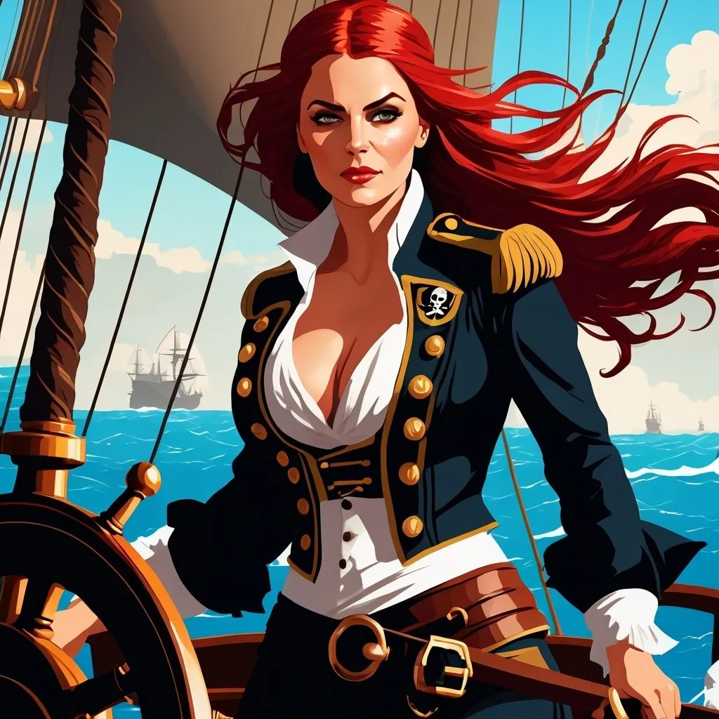 Prompt: A fierce beautiful female pirate captain with perfect big bobs stands at the helm of her ship, her long red hair whipping in the wind as she leads her crew on a daring adventure across the high seas.

