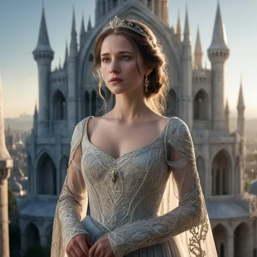 Prompt: "Photorealistic Image, An image capturing Beautiful and gentle and delicate princess with perfect body and big bobs from Gondor, dressed in an elegant, flowing gown that whispers tales of ancient nobility. She stands before the iconic backdrop of the White City from the Lord of the Rings, its intricate architecture casting an impressive silhouette against the sky. Her expression is serene, her eyes reflecting the storied history of her land. The scene is bathed in the soft light of early morning, highlighting the delicate features of her face and the ornate details of her dress. Type of Image: Digital Photography Style, Art Inspirations: The elegant and serene portrayals of nobility in epic fantasy settings. Camera: EE 70mm, Shot: Medium shot, emphasizing her poised stance with the sprawling cityscape behind her, Render Related Information: 8K resolution, utilizing HDR lighting to capture the intricate contrasts between shadow and light in the early morning."
