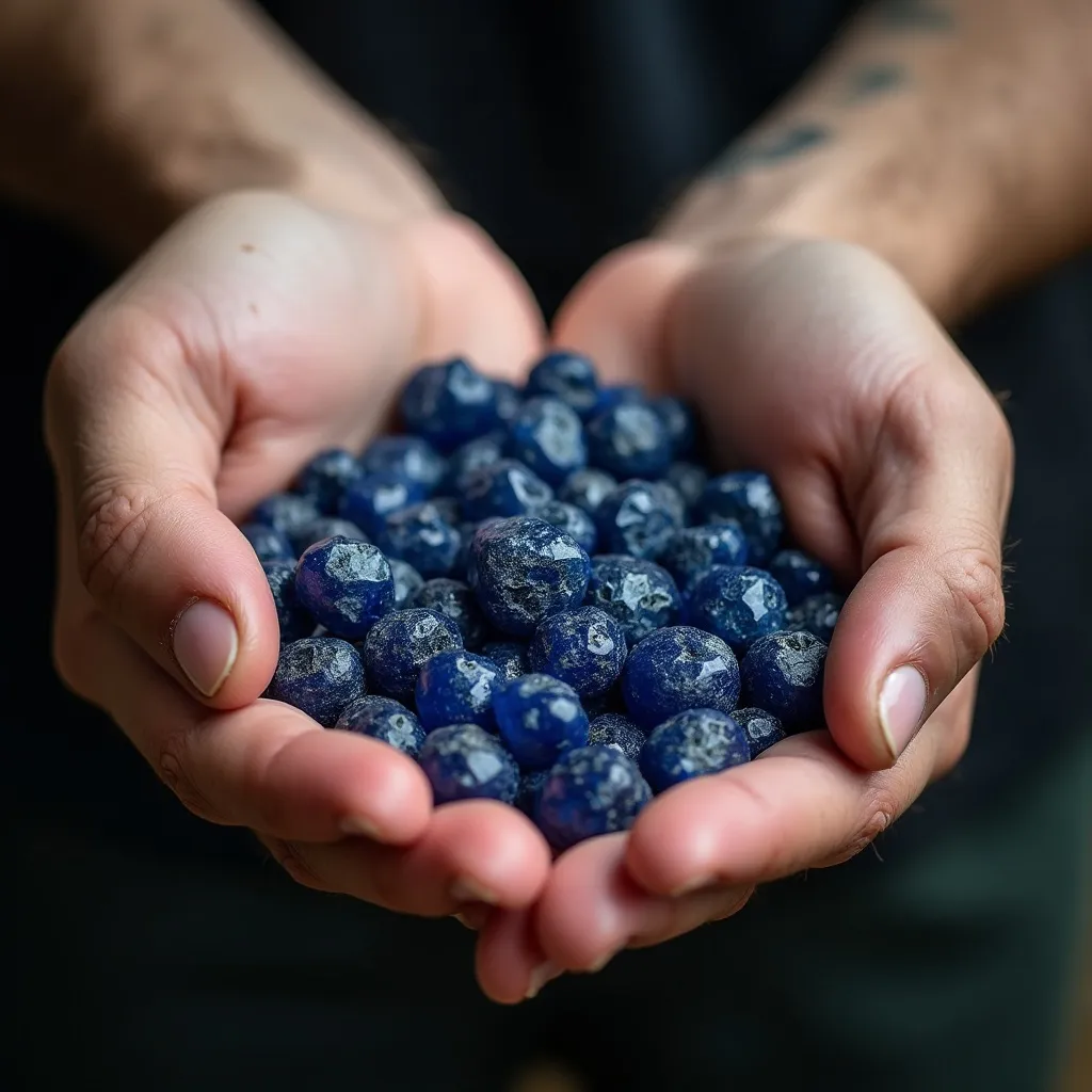 Prompt: A man holding some rough uncut sapphires in his hand