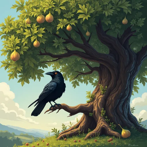 Prompt: A magnificent fig tree, laden with stubbornly unripe figs, dominates the scene.A CROW, CORA, sits perched on a branch, looking utterly miserable.