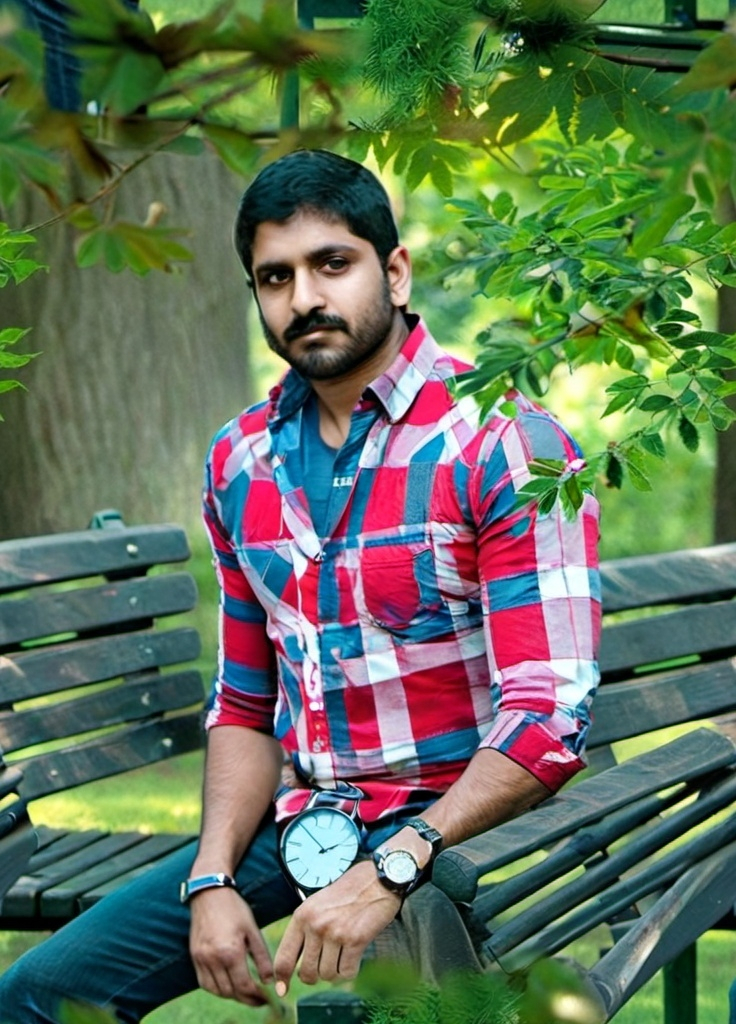 Prompt: a man sitting on a bench in front of a tree and bushes with a watch on his wrist and a watch on his left hand, Bikash Bhattacharjee, hurufiyya, jayison devadas, a picture