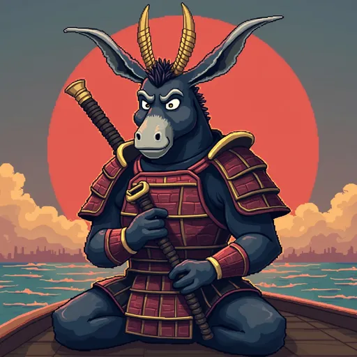 Prompt: (created pixel art), donkey in samurai armor, looking like bored ape yacht club
