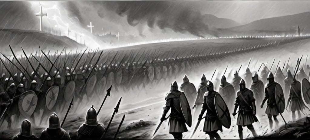 Prompt: Pencil black and white sketch depicting an army of the Knights Templars marching at the Battle of Montgisard at dark night, detailed long slanted white shields with a cross, weapons, low quality, blurred view, intense wind and rain, the view is captured from a distance, rough and intense atmosphere, the land is burning behind them. IN the middle there is one cross that can be seen from a distance and is large and wide
