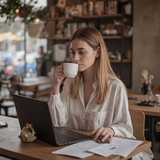 Prompt: a girl working in a cafe drinking her coffee with a laptop