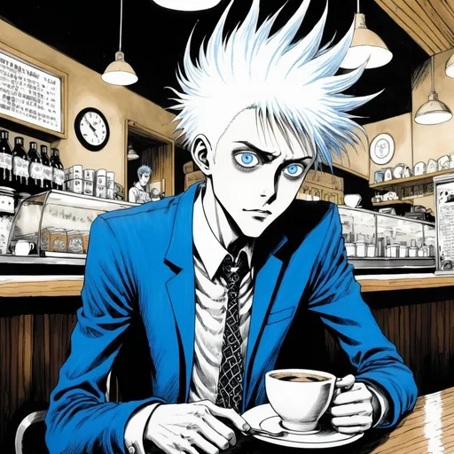 Prompt: Junji Ito manga style, man in coffee shop, manga scene, white spikey hair,  blue eyes,  sorcerer 