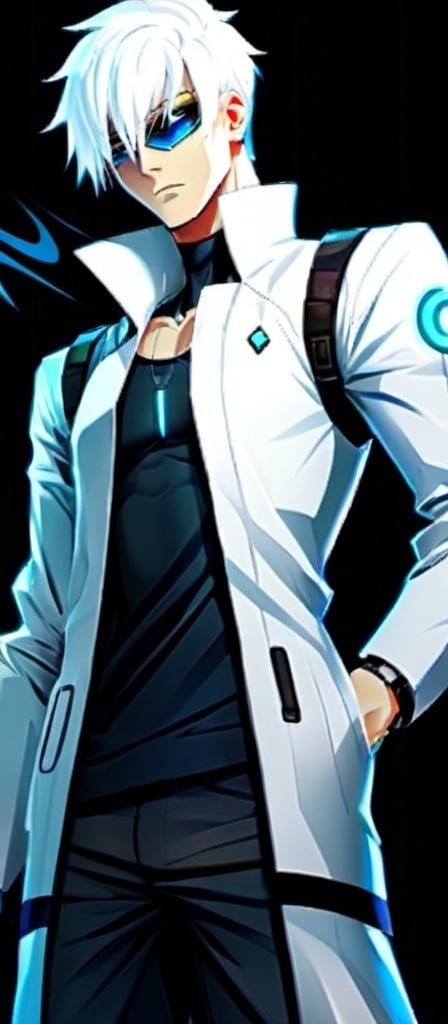 Prompt: Anime cyberpunk style, handsome man, 
bright blue eyes, shaggy short white hair,fair completion, highly detailed, HD, dark background