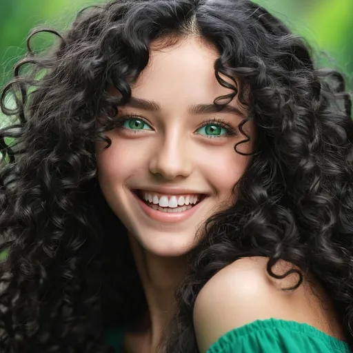 Prompt: masterpiece, best quality, a girl with long black curly hair,jade green eyes, smile, happy, 4k
