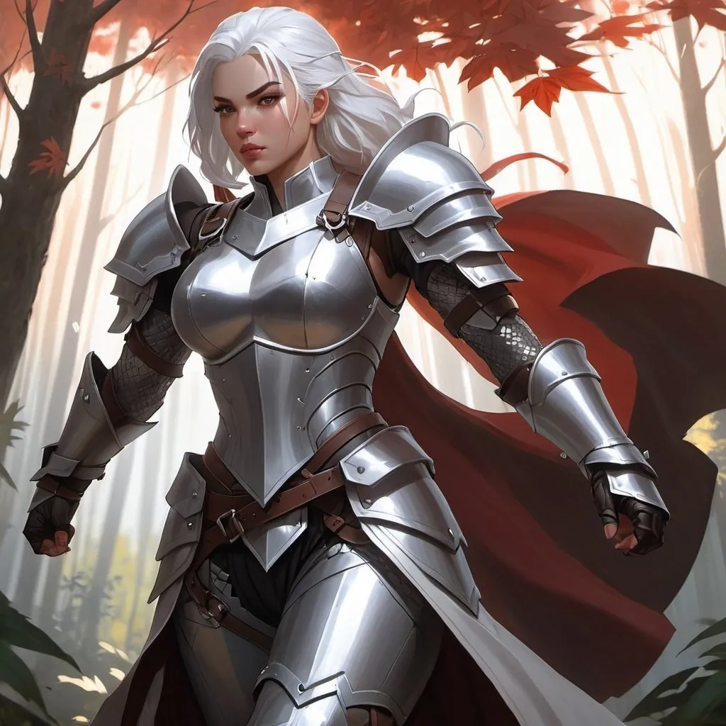 Prompt: strong white haired female with angry look wearing plate armor, in dnd character art style, background forest, warm lighting, by Hyung-tae Kim and Krenz Cushart and artgerm on artstation, portrait 3/4 view, d&d, dnd, dungeons and dragons