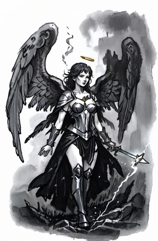 Prompt: (goth angel female warrior with bright aura), dark fantasy, grayscale, gothic, Lovecraftian elements, high depth and dramatic shadows, ethereal and intimidating atmosphere, flowing dark robes and intricate armor, eerie mist, ancient ruins in the background, highlight intricate metallic textures, (detailed wings), (ethereal glow around the figure), ultra-detailed