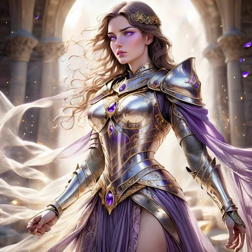 Prompt: Strong female medieval foot soldier with purple and gold heterochromia in an ethereal heavenly setting, fine line drawing, detailed armor, flowing gown, majestic aura, heavenly lighting, high quality, ethereal, medieval, detailed armor, strong female, fine line drawing, majestic, heavenly, atmospheric lighting