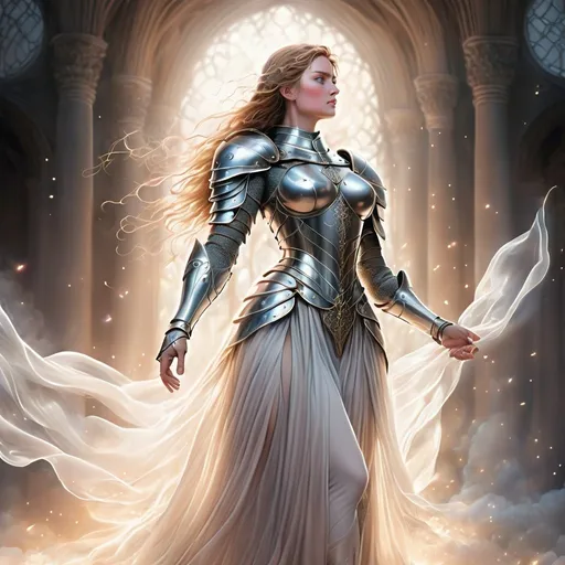 Prompt: Strong female medieval foot soldier in an ethereal heavenly setting, fine line drawing, detailed armor, flowing gown, majestic aura, heavenly lighting, high quality, ethereal, medieval, detailed armor, strong female, fine line drawing, majestic, heavenly, atmospheric lighting