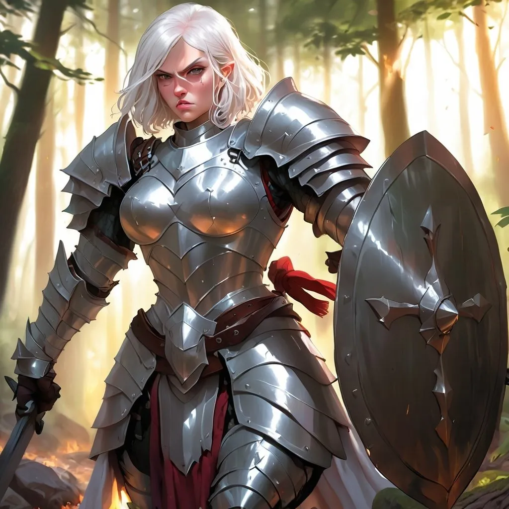 Prompt: strong white haired female with angry look wearing plate armor, facial scar, in dnd character art style, background forest, warm lighting, by Hyung-tae Kim and Krenz Cushart and artgerm on artstation, portrait 3/4 view, d&d, dnd, dungeons and dragons