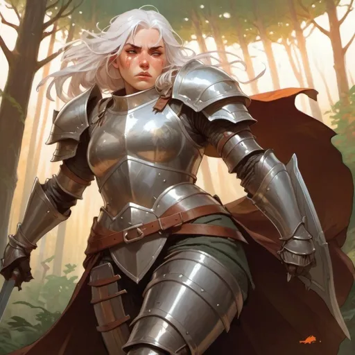 Prompt: strong white haired female with angry look wearing plate armor, facial scar, in dnd character art style, background forest, warm lighting, by Hyung-tae Kim and Krenz Cushart and artgerm on artstation, portrait 3/4 view, d&d, dnd, dungeons and dragons