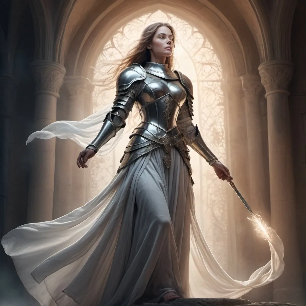 Prompt: Strong female medieval foot soldier in an ethereal heavenly setting, fine line drawing, detailed armor, flowing gown, majestic aura, heavenly lighting, high quality, ethereal, medieval, detailed armor, strong female, fine line drawing, majestic, heavenly, atmospheric lighting