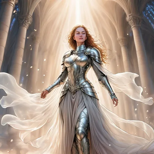 Prompt: Strong female medieval foot soldier in an ethereal heavenly setting, fine line drawing, detailed armor, flowing gown, majestic aura, heavenly lighting, high quality, ethereal, medieval, detailed armor, strong female, fine line drawing, majestic, heavenly, atmospheric lighting, line art only