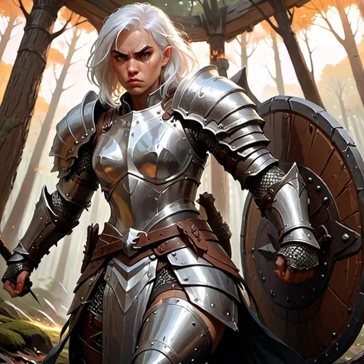 Prompt: strong white haired female with angry look wearing plate armor, in dnd character art style, background forest, warm lighting, by Hyung-tae Kim and Krenz Cushart and artgerm on artstation, portrait 3/4 view, d&d, dnd, dungeons and dragons