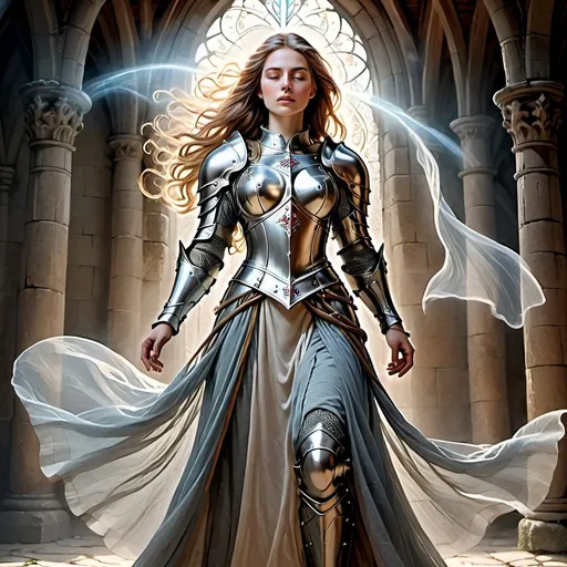 Prompt: Strong female medieval foot soldier in an ethereal heavenly setting, fine line drawing, detailed armor, flowing gown, majestic aura, heavenly lighting, high quality, ethereal, medieval, detailed armor, strong female, fine line drawing, majestic, heavenly, atmospheric lighting