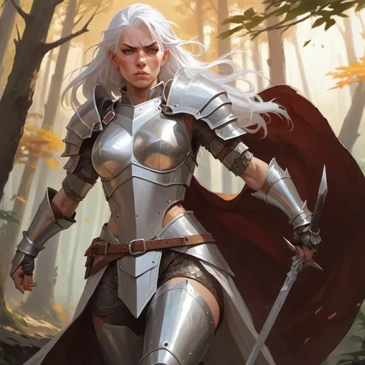 Prompt: strong white haired female with angry look wearing plate armor, facial scar, in dnd character art style, background forest, warm lighting, by Hyung-tae Kim and Krenz Cushart and artgerm on artstation, portrait 3/4 view, d&d, dnd, dungeons and dragons