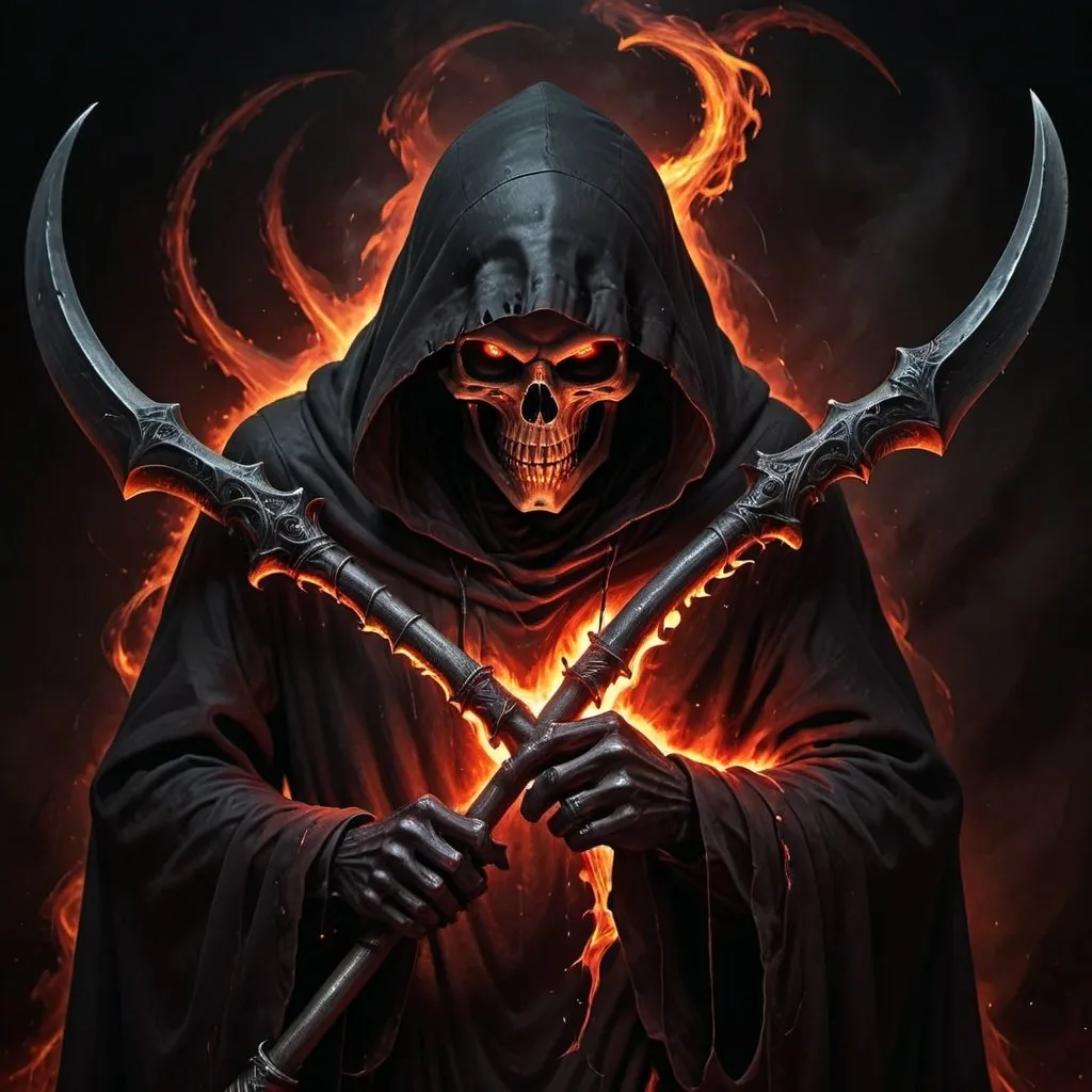 Prompt: Grim reaper, dark and eerie atmosphere, fiery red and deep black tones, haunting background, high quality, digital art, infernal, sinister, menacing, intense lighting, detailed scythe, ominous presence, eerie glow, demonic, hellfire, shadows, spooky, inferno, dramatic, haunting